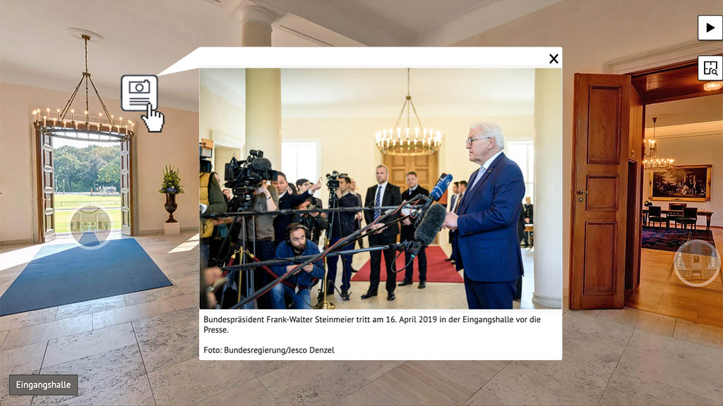 Der virtuelle 360°-Rundgang blendet ein Popup ein, das ein Pressefoto sowie klar formulierte und hilfreiche Zusatzinformationen zeigt.